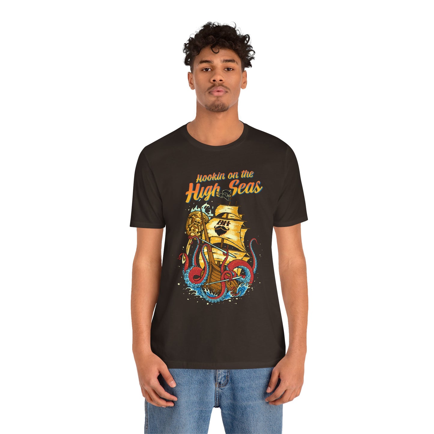 Hookin' on the High Seas T-Shirt — Retro Pirate Ship & Kraken Fishing Tee