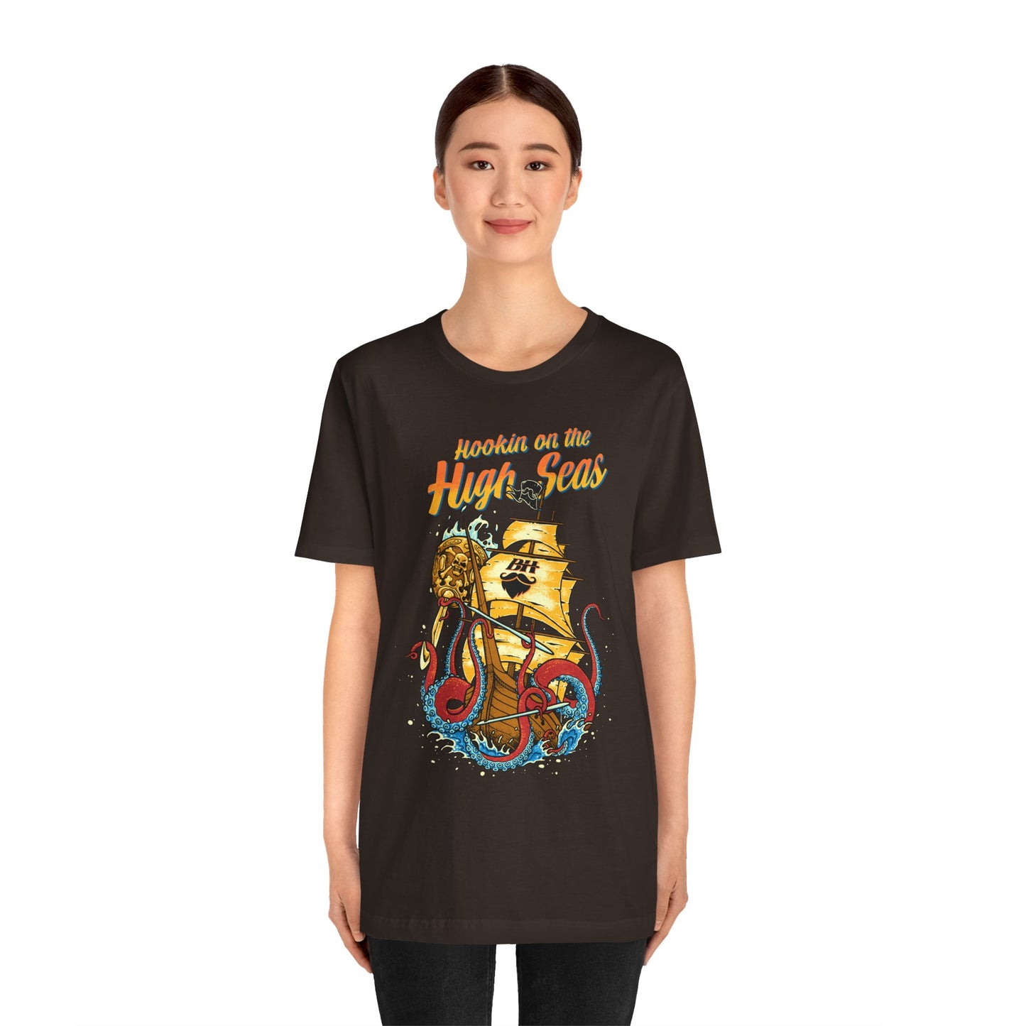 Hookin' on the High Seas T-Shirt — Retro Pirate Ship & Kraken Fishing Tee