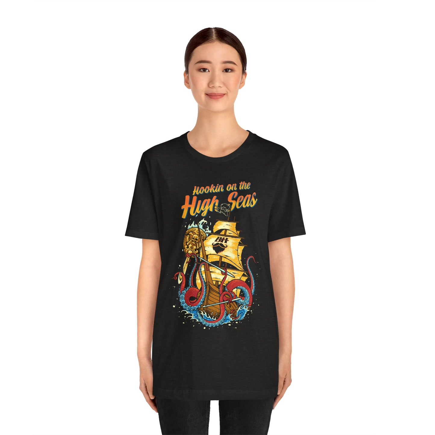 Hookin' on the High Seas T-Shirt — Retro Pirate Ship & Kraken Fishing Tee