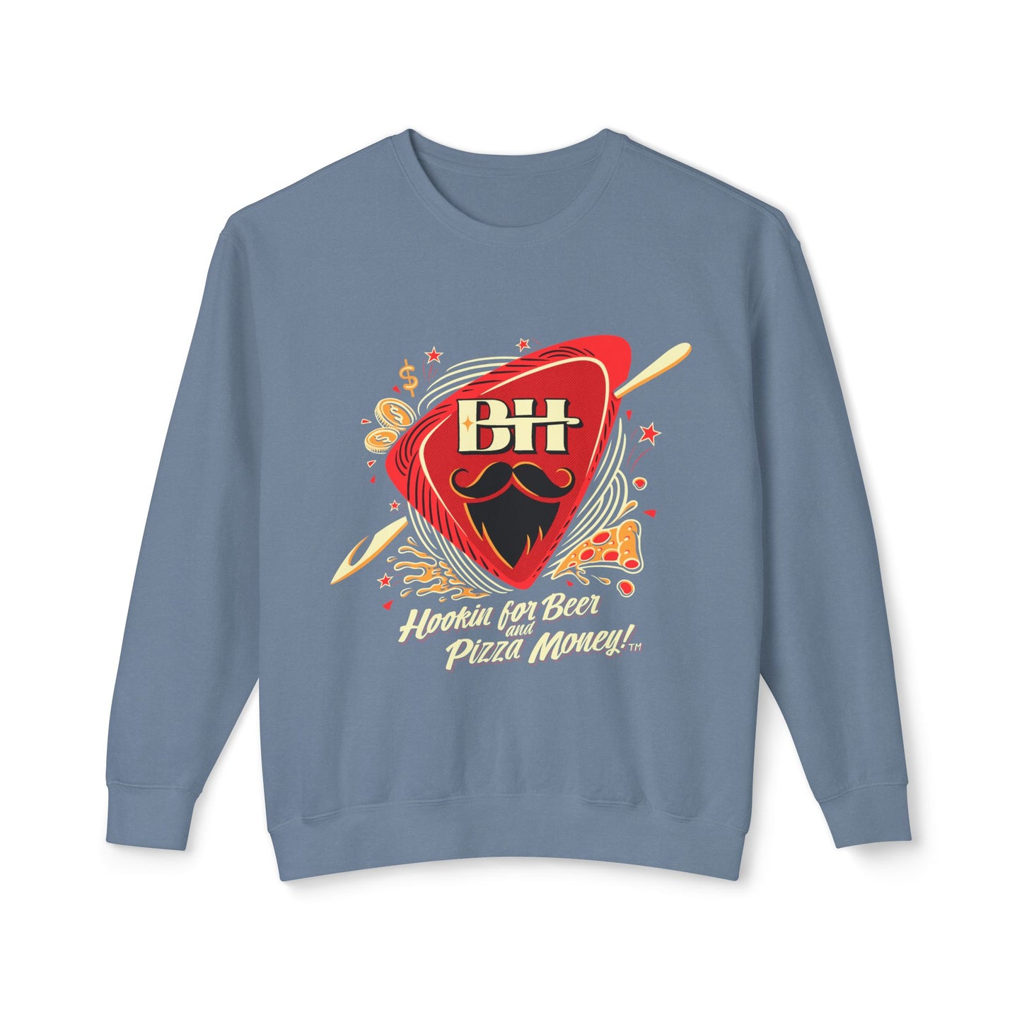 Pizza & Beer Crewneck Sweatshirt — "Hookin' for Beer Pizza Money!"
