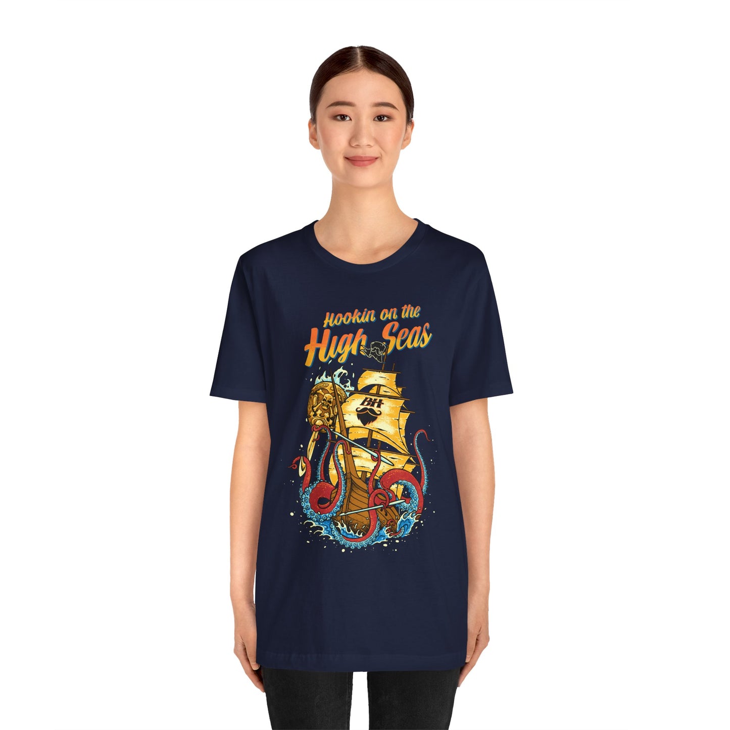 Hookin' on the High Seas T-Shirt — Retro Pirate Ship & Kraken Fishing Tee