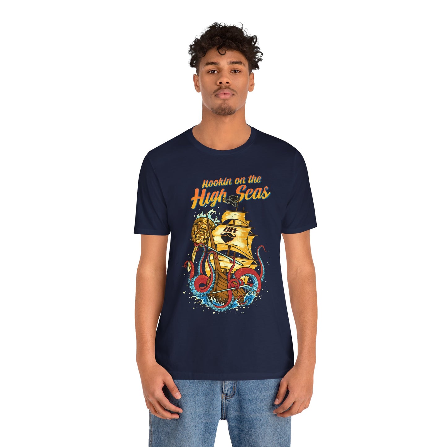 Hookin' on the High Seas T-Shirt — Retro Pirate Ship & Kraken Fishing Tee