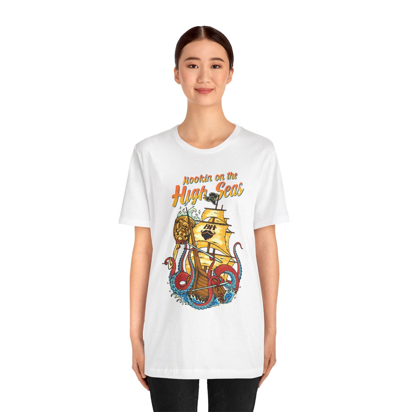 Hookin' on the High Seas T-Shirt — Retro Pirate Ship & Kraken Fishing Tee