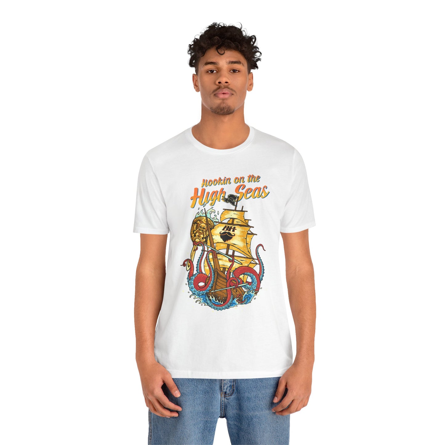 Hookin' on the High Seas T-Shirt — Retro Pirate Ship & Kraken Fishing Tee