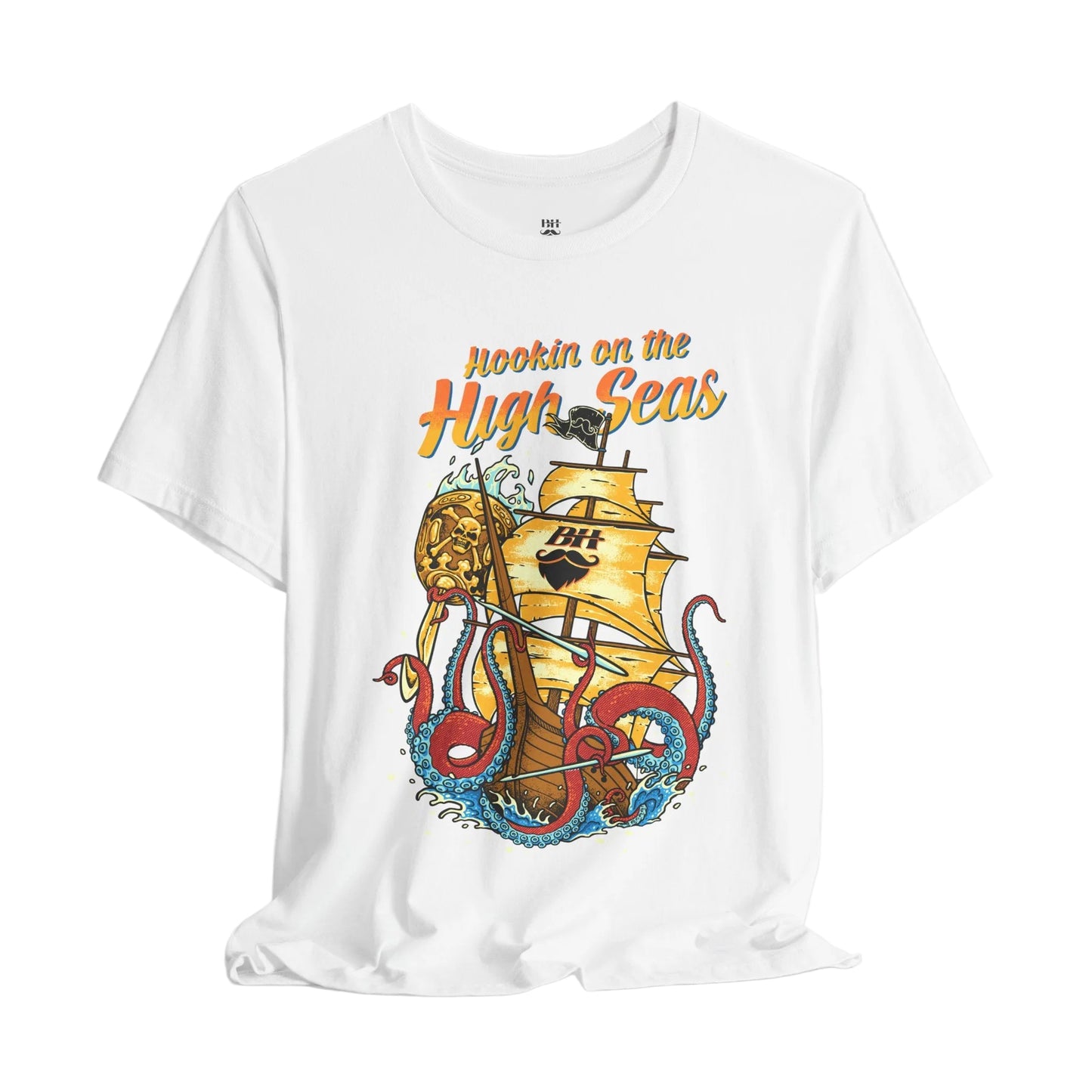 Hookin' on the High Seas T-Shirt — Retro Pirate Ship & Kraken Fishing Tee