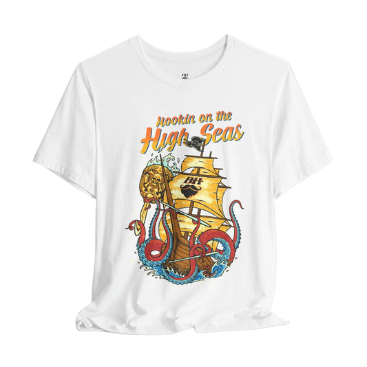 Hookin' on the High Seas T-Shirt — Retro Pirate Ship & Kraken Fishing Tee