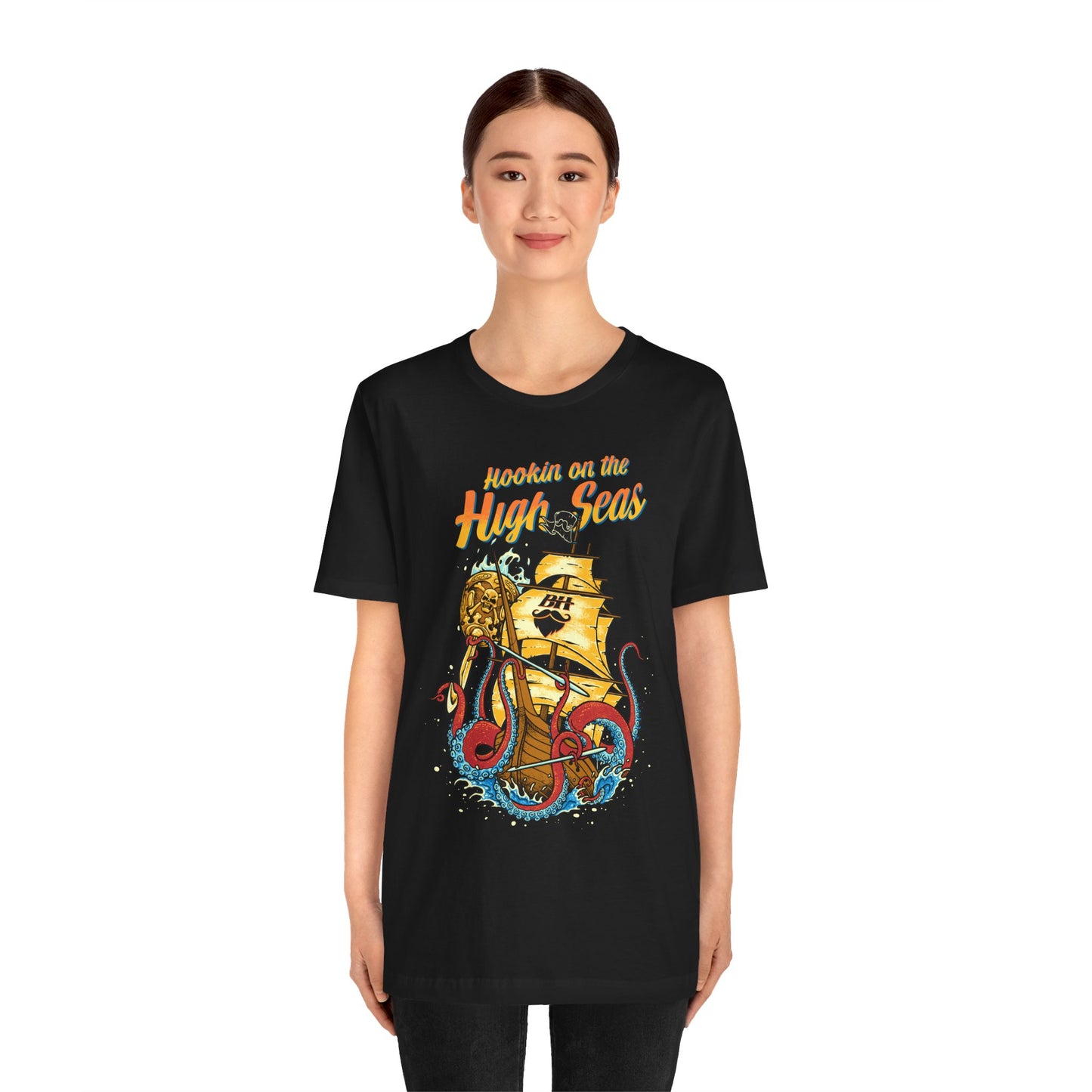 Hookin' on the High Seas T-Shirt — Retro Pirate Ship & Kraken Fishing Tee