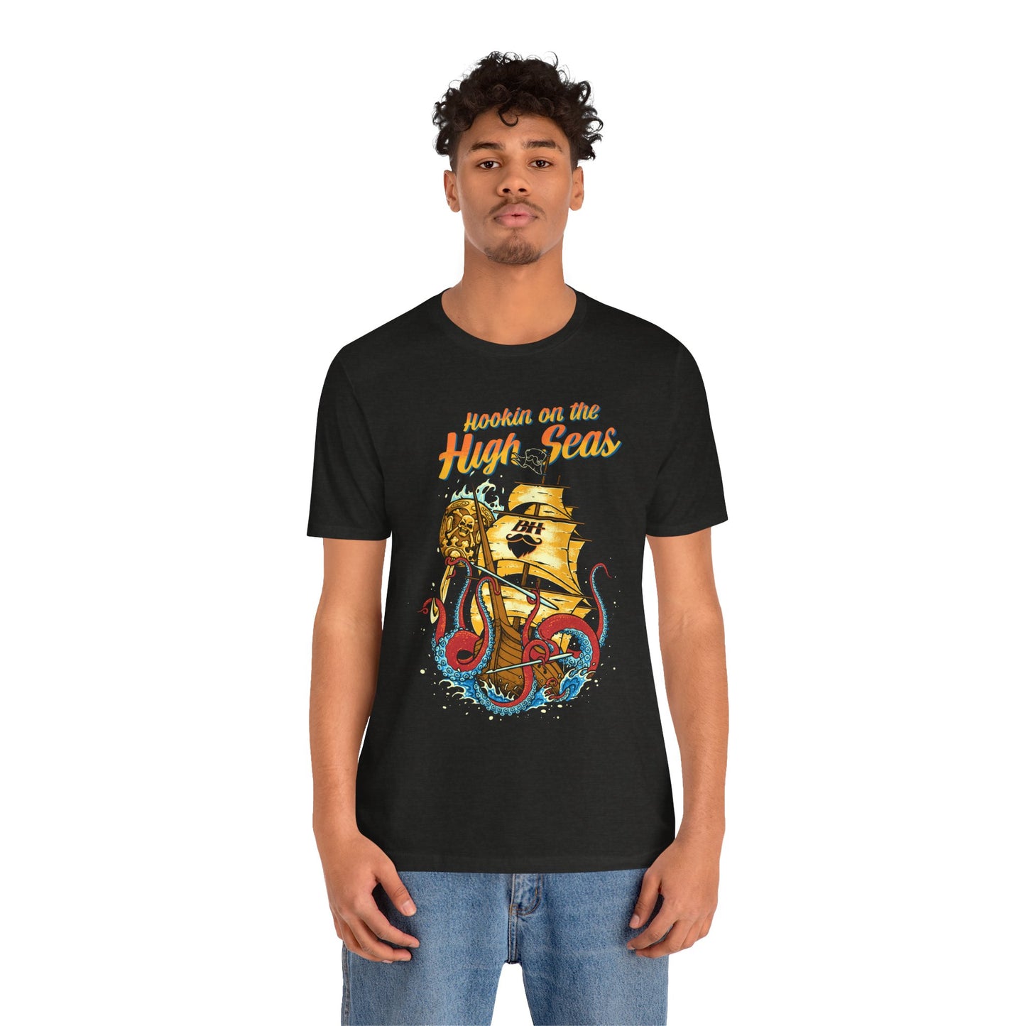 Hookin' on the High Seas T-Shirt — Retro Pirate Ship & Kraken Fishing Tee