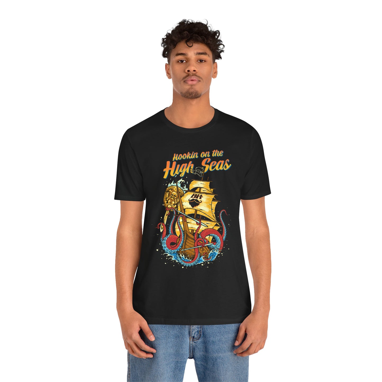 Hookin' on the High Seas T-Shirt — Retro Pirate Ship & Kraken Fishing Tee