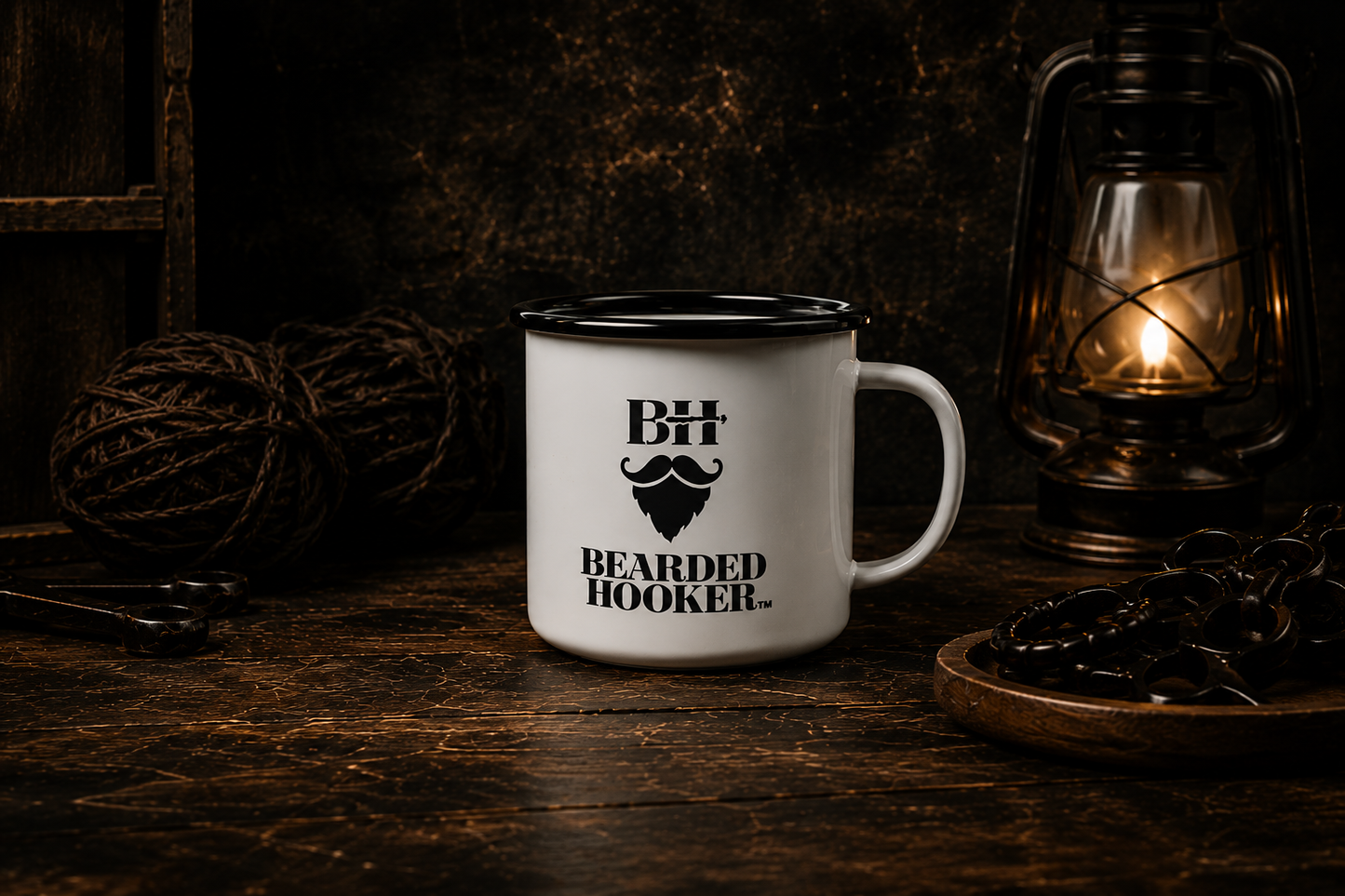 Enamel Camp Cup — 'Bearded Hooker' Logo Camping Mug