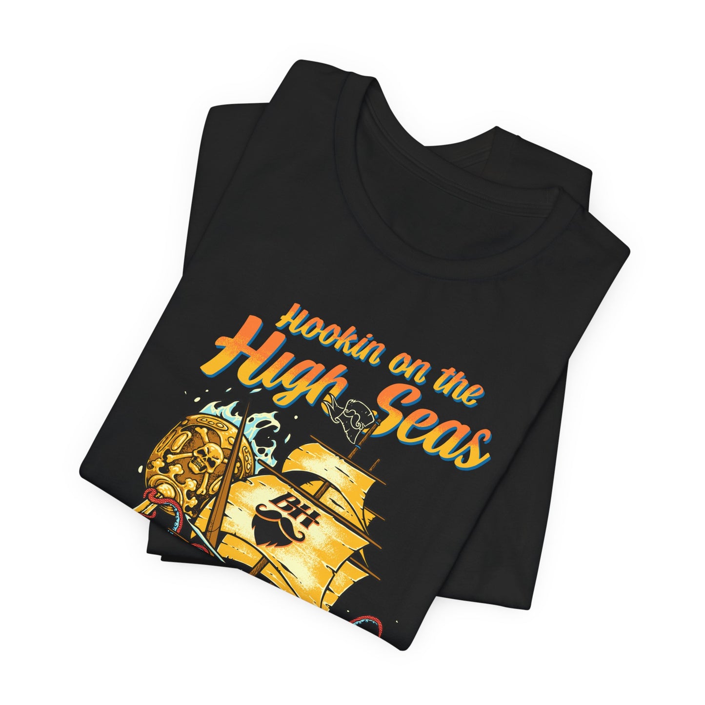 Hookin' on the High Seas T-Shirt — Retro Pirate Ship & Kraken Fishing Tee