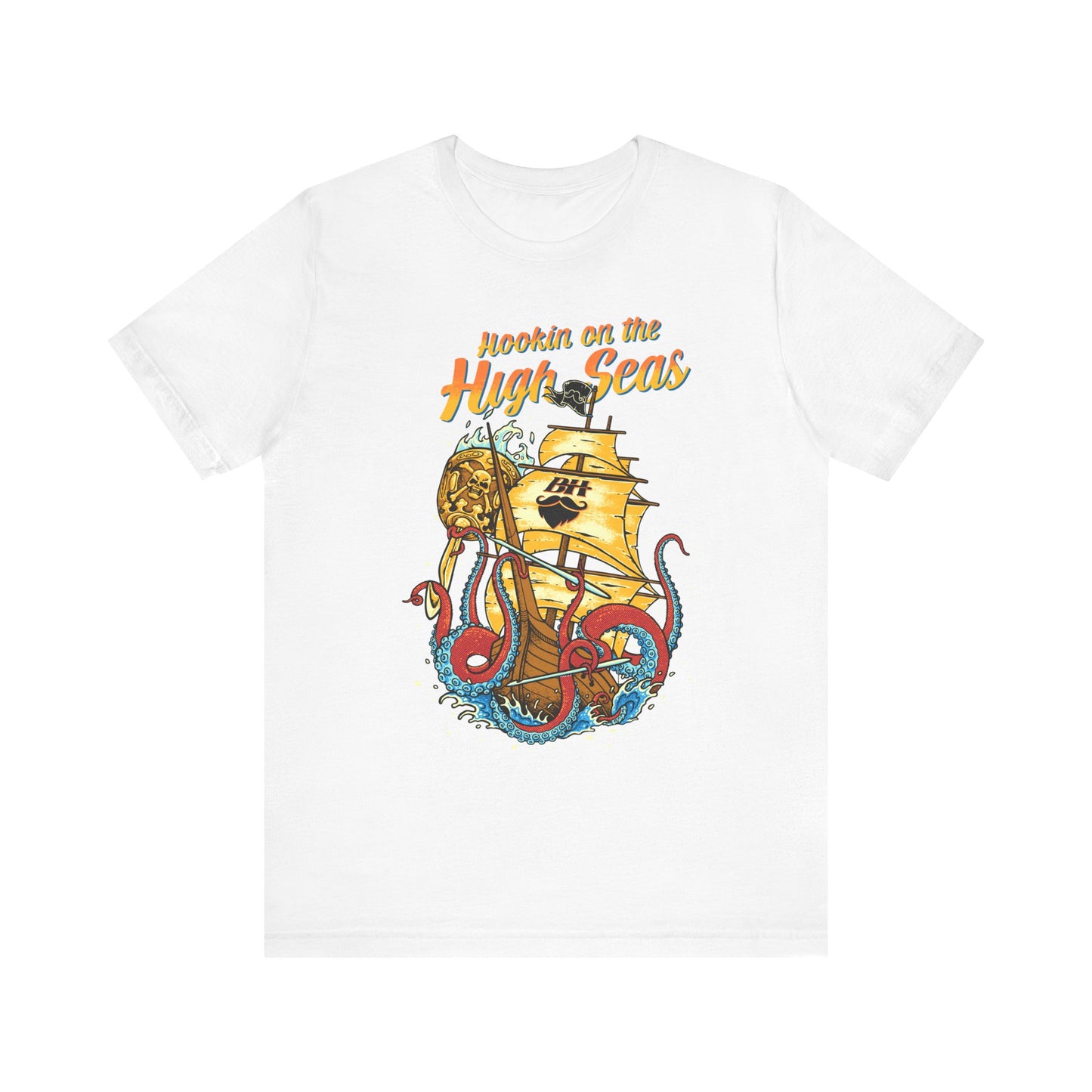 Hookin' on the High Seas T-Shirt — Retro Pirate Ship & Kraken Fishing Tee