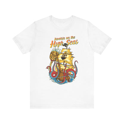 Hookin' on the High Seas T-Shirt — Retro Pirate Ship & Kraken Fishing Tee