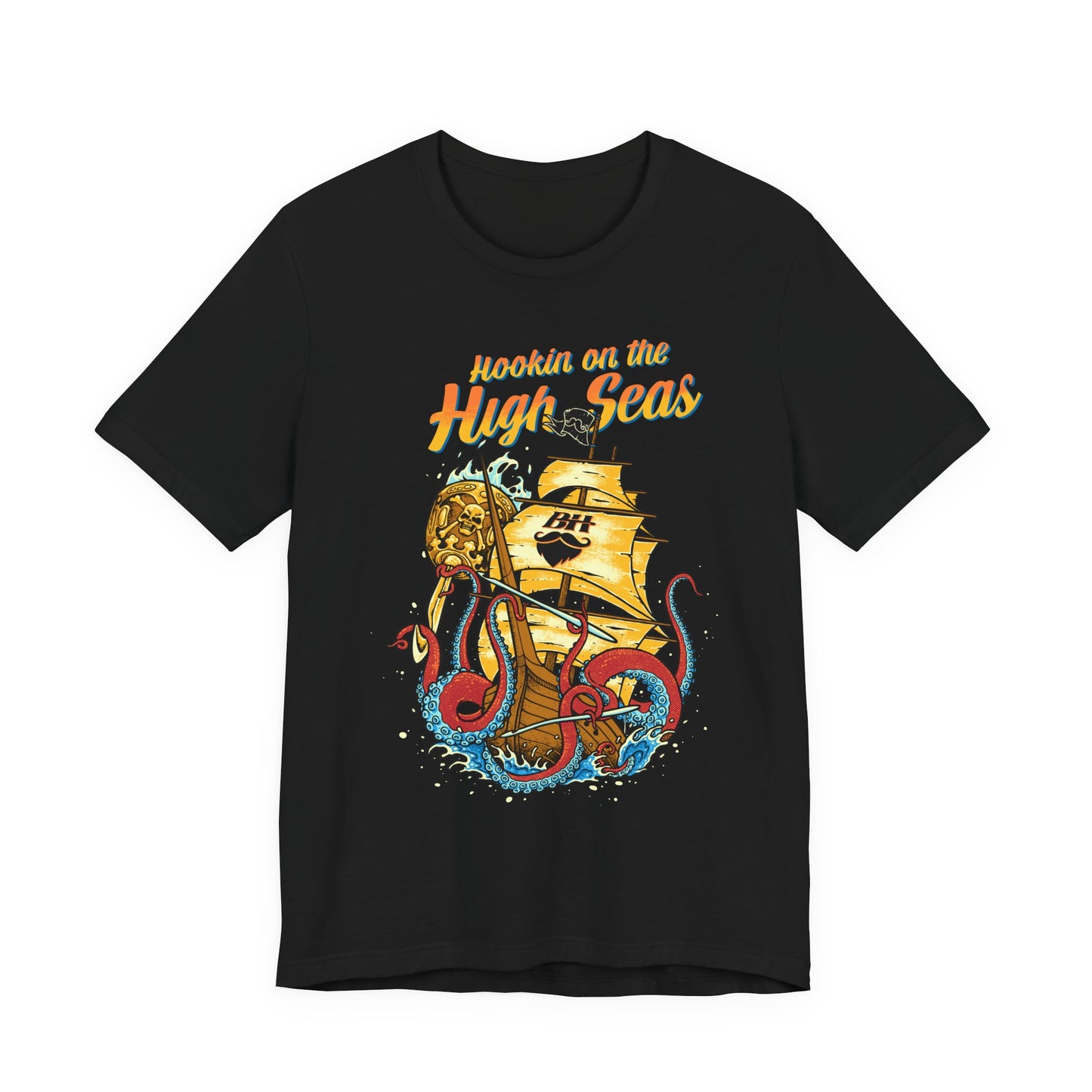 Hookin' on the High Seas T-Shirt — Retro Pirate Ship & Kraken Fishing Tee