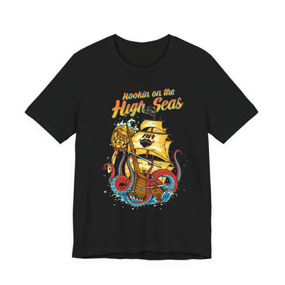 Hookin' on the High Seas T-Shirt — Retro Pirate Ship & Kraken Fishing Tee