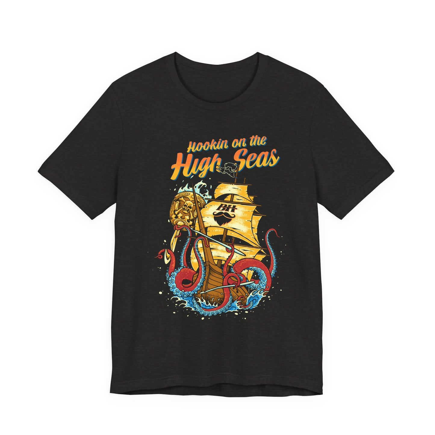 Hookin' on the High Seas T-Shirt — Retro Pirate Ship & Kraken Fishing Tee