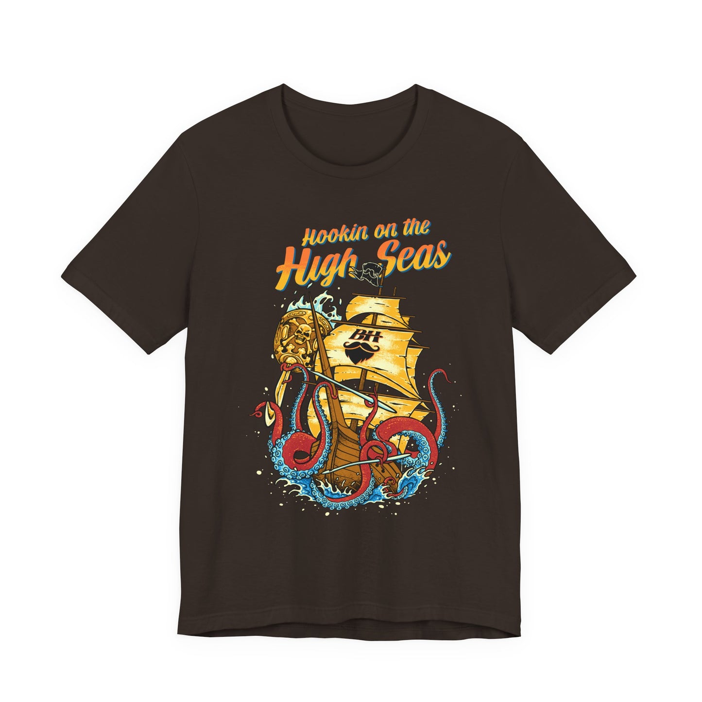 Hookin' on the High Seas T-Shirt — Retro Pirate Ship & Kraken Fishing Tee