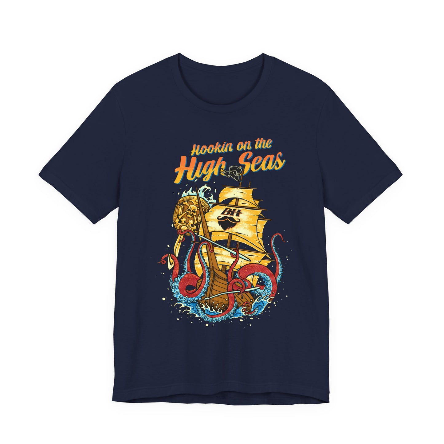Hookin' on the High Seas T-Shirt — Retro Pirate Ship & Kraken Fishing Tee