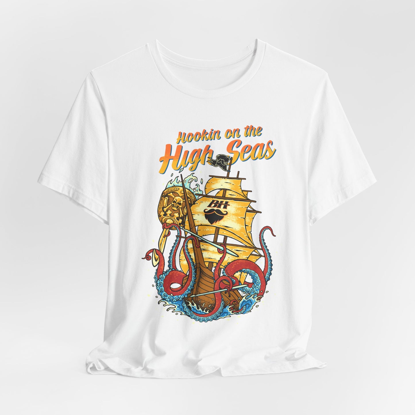 Hookin' on the High Seas T-Shirt — Retro Pirate Ship & Kraken Fishing Tee
