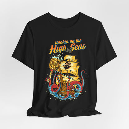Hookin' on the High Seas T-Shirt — Retro Pirate Ship & Kraken Fishing Tee