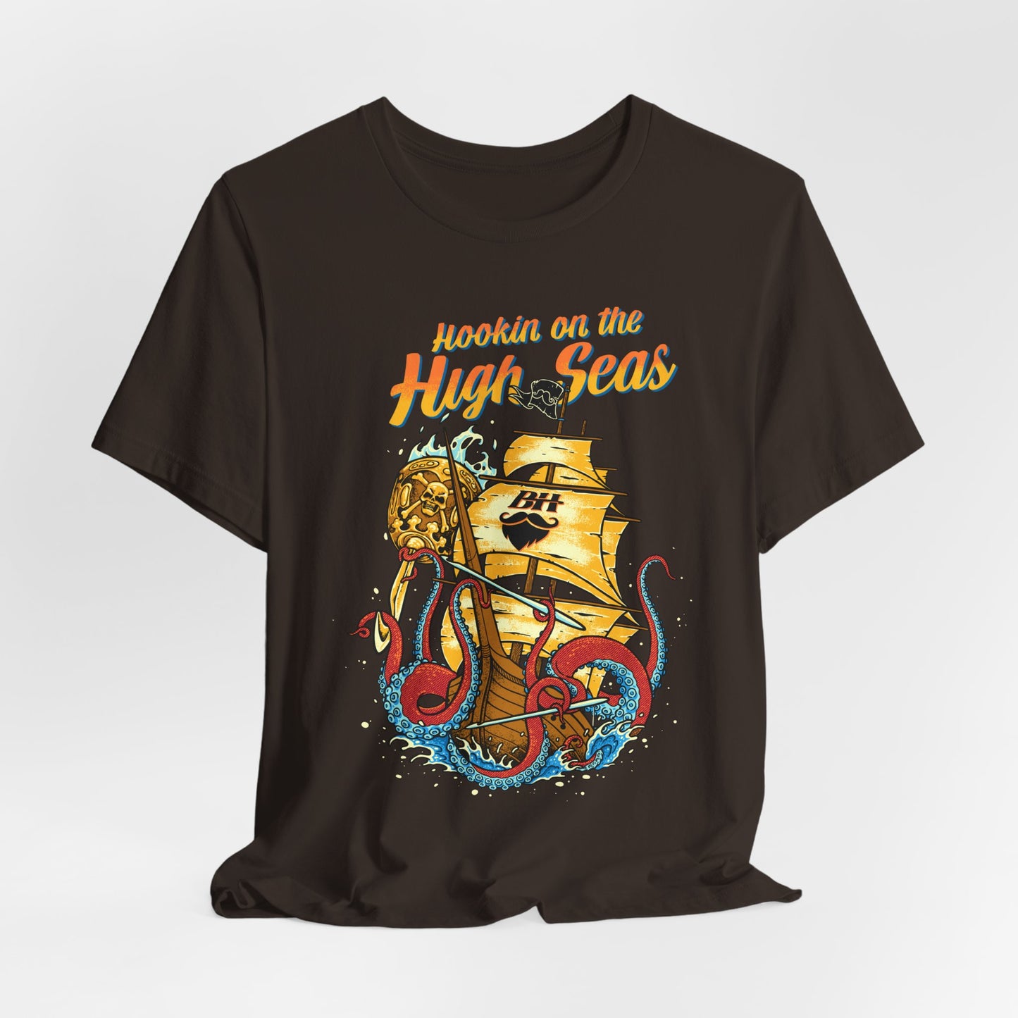Hookin' on the High Seas T-Shirt — Retro Pirate Ship & Kraken Fishing Tee
