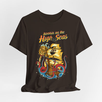 Hookin' on the High Seas T-Shirt — Retro Pirate Ship & Kraken Fishing Tee