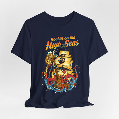 Hookin' on the High Seas T-Shirt — Retro Pirate Ship & Kraken Fishing Tee