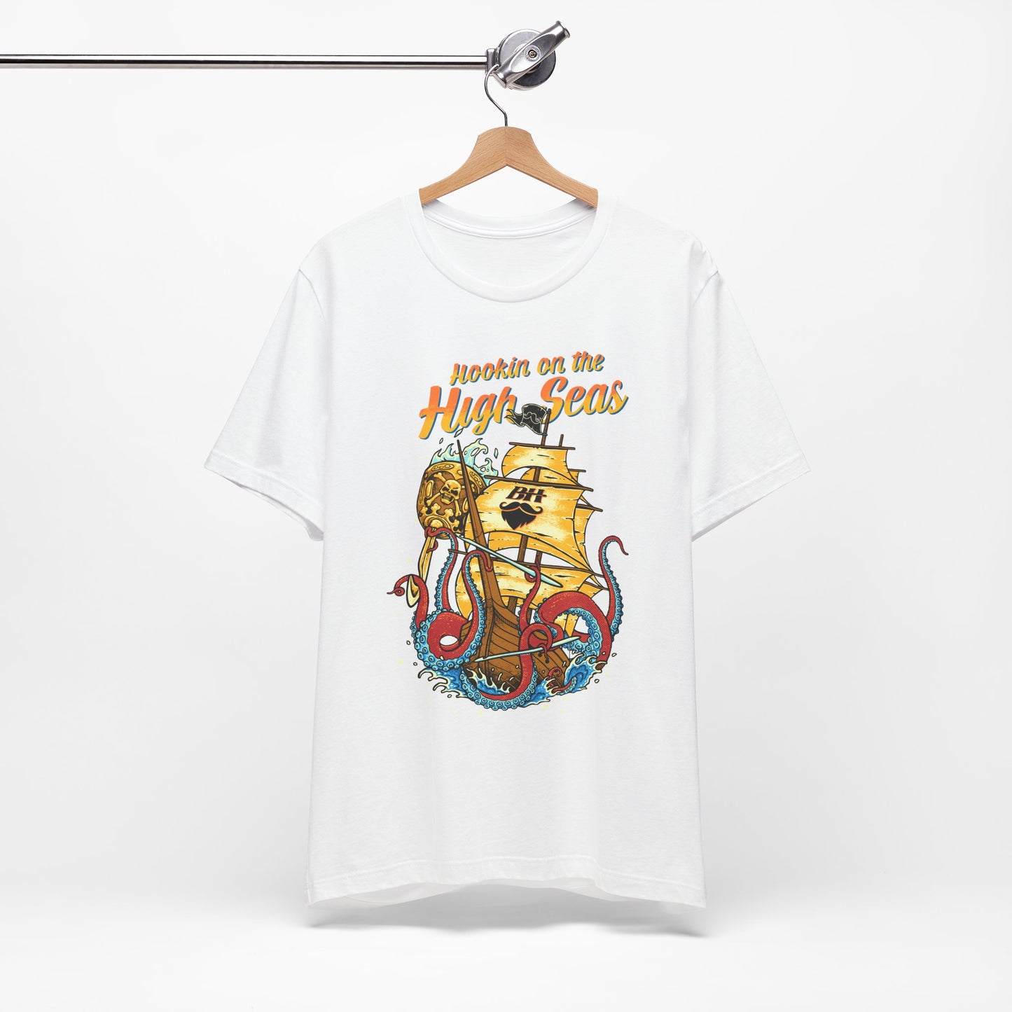 Hookin' on the High Seas T-Shirt — Retro Pirate Ship & Kraken Fishing Tee