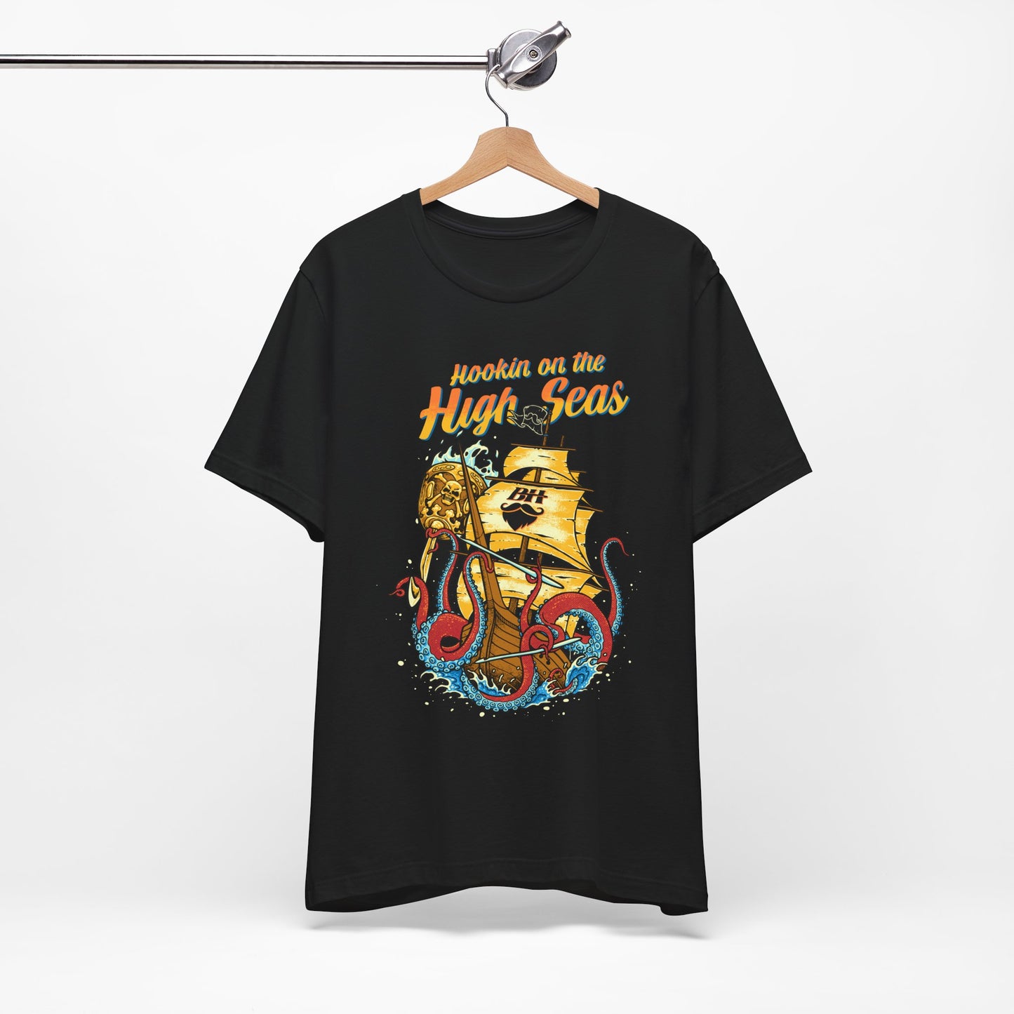 Hookin' on the High Seas T-Shirt — Retro Pirate Ship & Kraken Fishing Tee