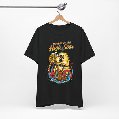 Hookin' on the High Seas T-Shirt — Retro Pirate Ship & Kraken Fishing Tee