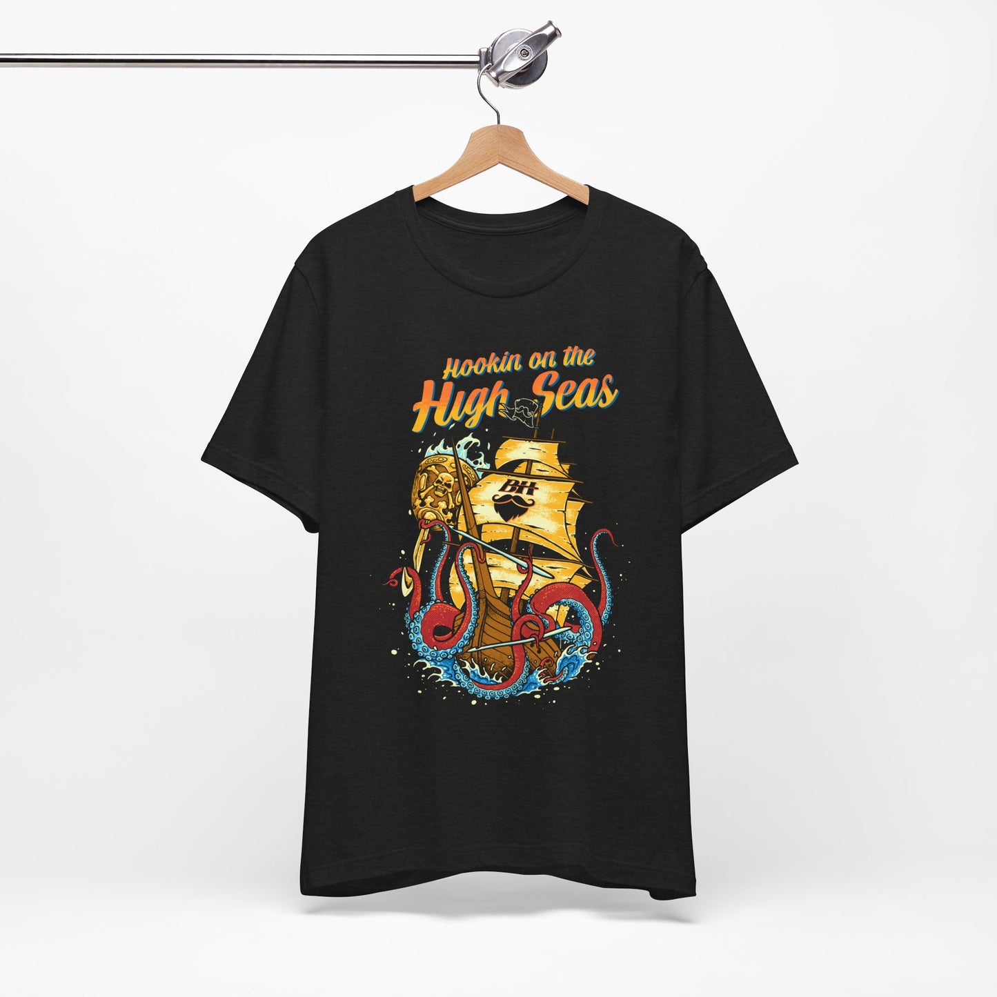 Hookin' on the High Seas T-Shirt — Retro Pirate Ship & Kraken Fishing Tee
