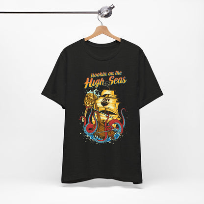 Hookin' on the High Seas T-Shirt — Retro Pirate Ship & Kraken Fishing Tee