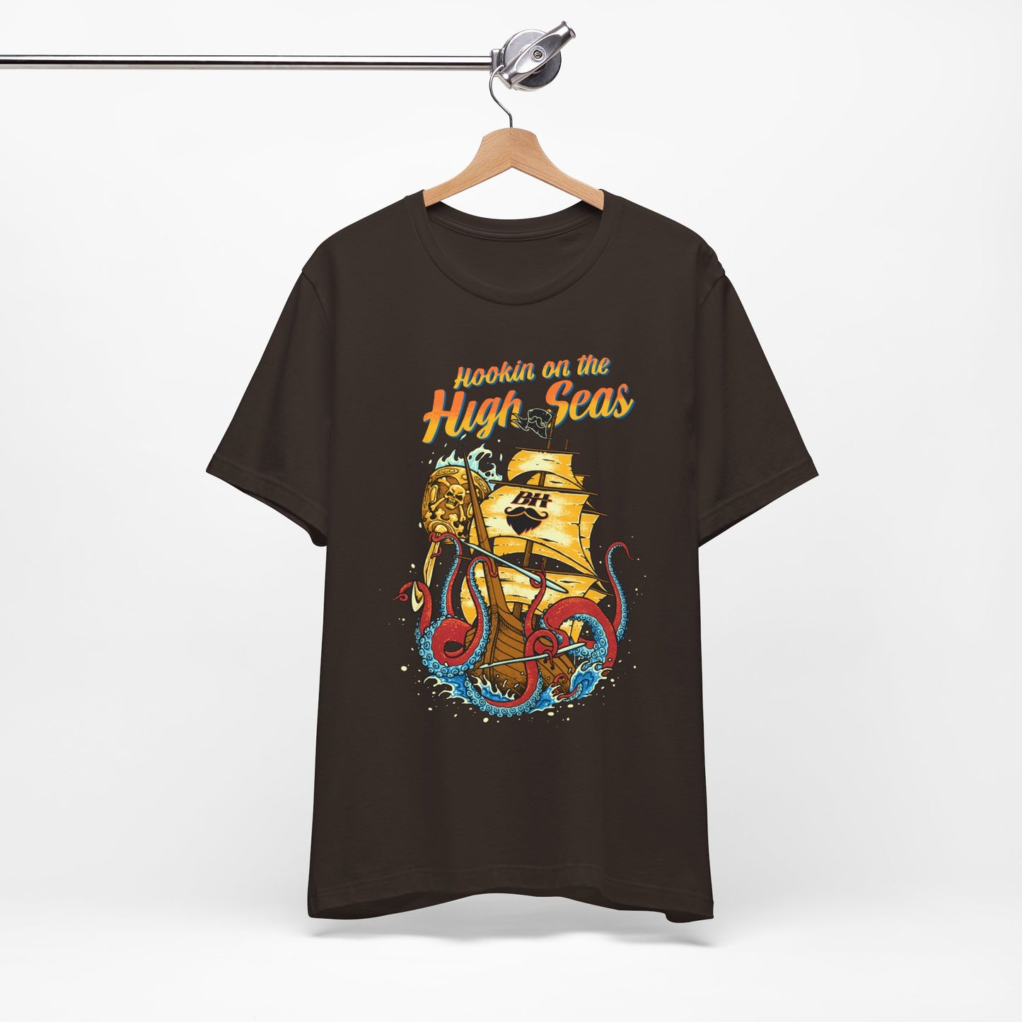 Hookin' on the High Seas T-Shirt — Retro Pirate Ship & Kraken Fishing Tee