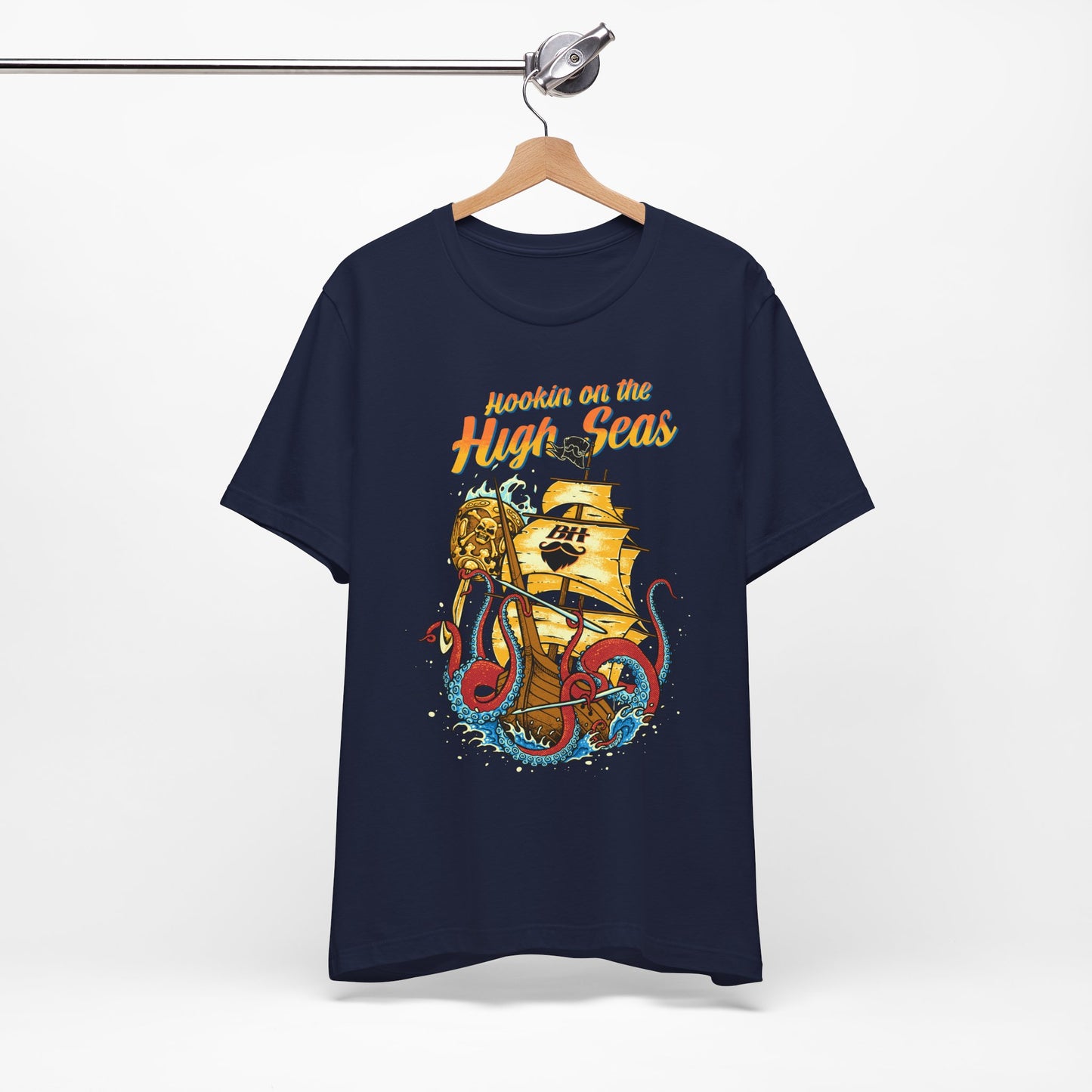 Hookin' on the High Seas T-Shirt — Retro Pirate Ship & Kraken Fishing Tee
