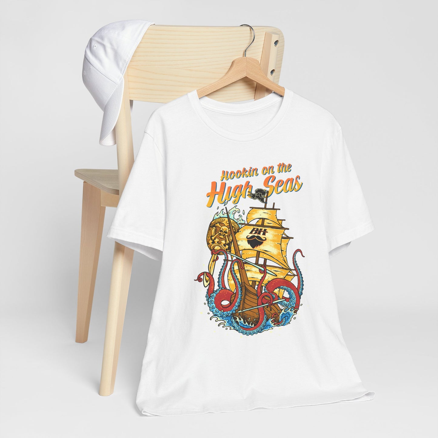 Hookin' on the High Seas T-Shirt — Retro Pirate Ship & Kraken Fishing Tee