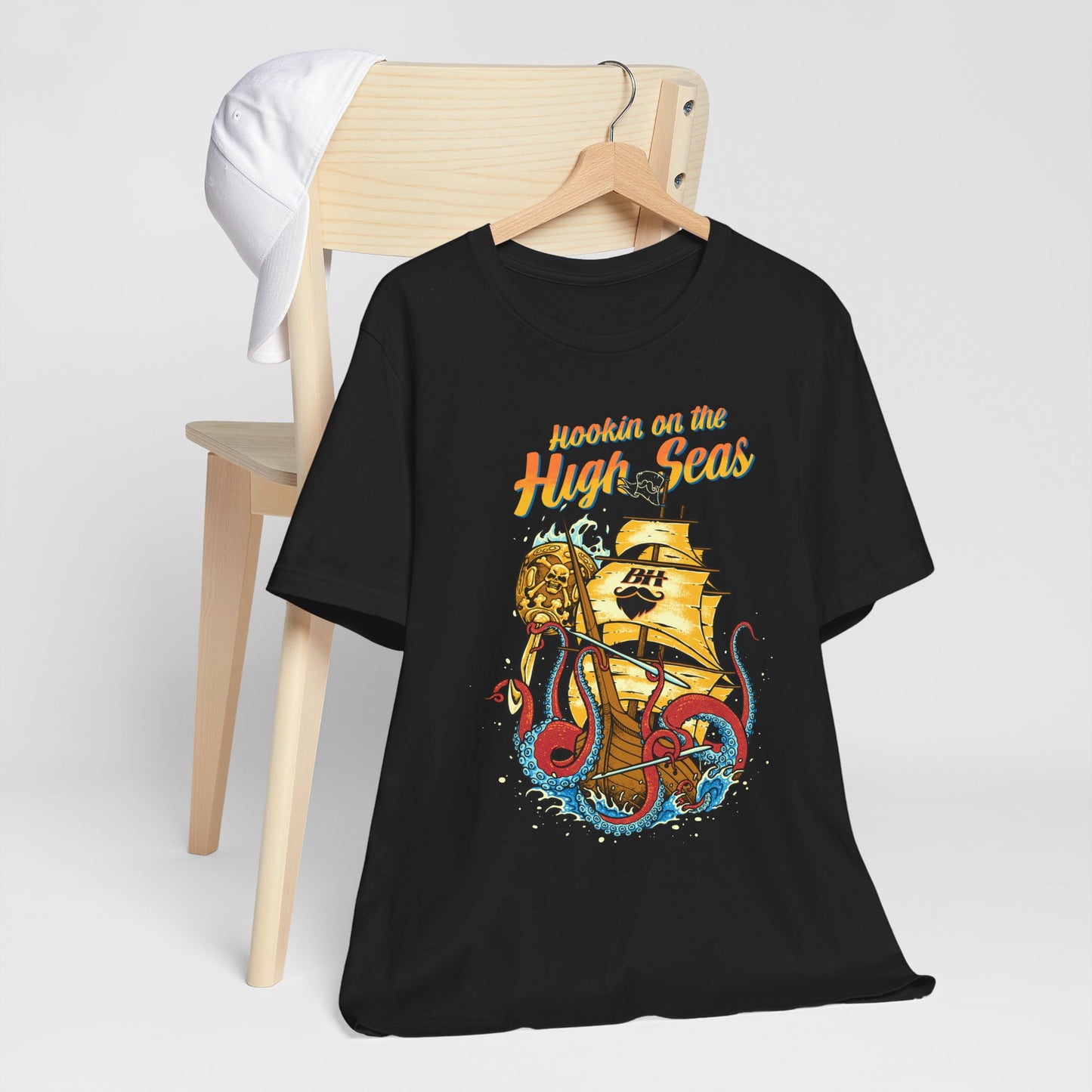 Hookin' on the High Seas T-Shirt — Retro Pirate Ship & Kraken Fishing Tee
