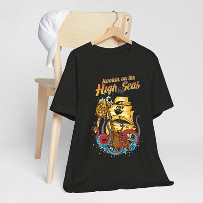 Hookin' on the High Seas T-Shirt — Retro Pirate Ship & Kraken Fishing Tee