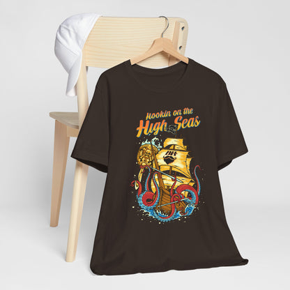 Hookin' on the High Seas T-Shirt — Retro Pirate Ship & Kraken Fishing Tee